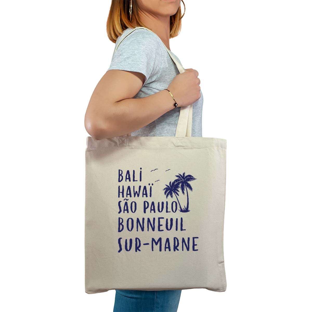Totebag cabas personnalisé naturel pour femme avec le message personnalisé marine bali hawaï sao-paulo bonneuil-sur-marne