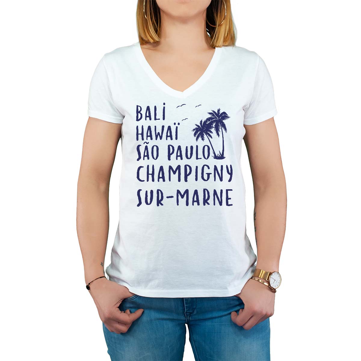 T-Shirt blanc pour femme avec le message personnalisé marine bali hawaï sao-paulo champigny-sur-marne