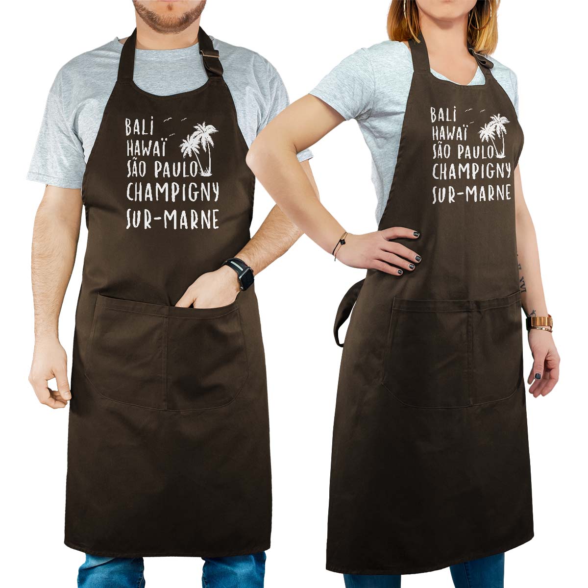 Tablier de cuisine personnalisé cacao pour femme avec le message personnalisé blanc bali hawaï sao-paulo champigny-sur-marne