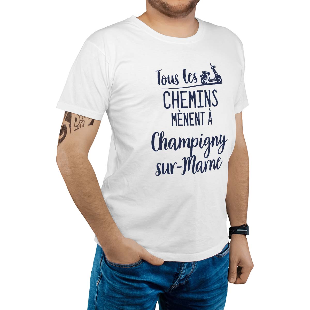 T-Shirt blanc pour homme avec le message personnalisé marine tous les chemins mènent à champigny-sur-marne