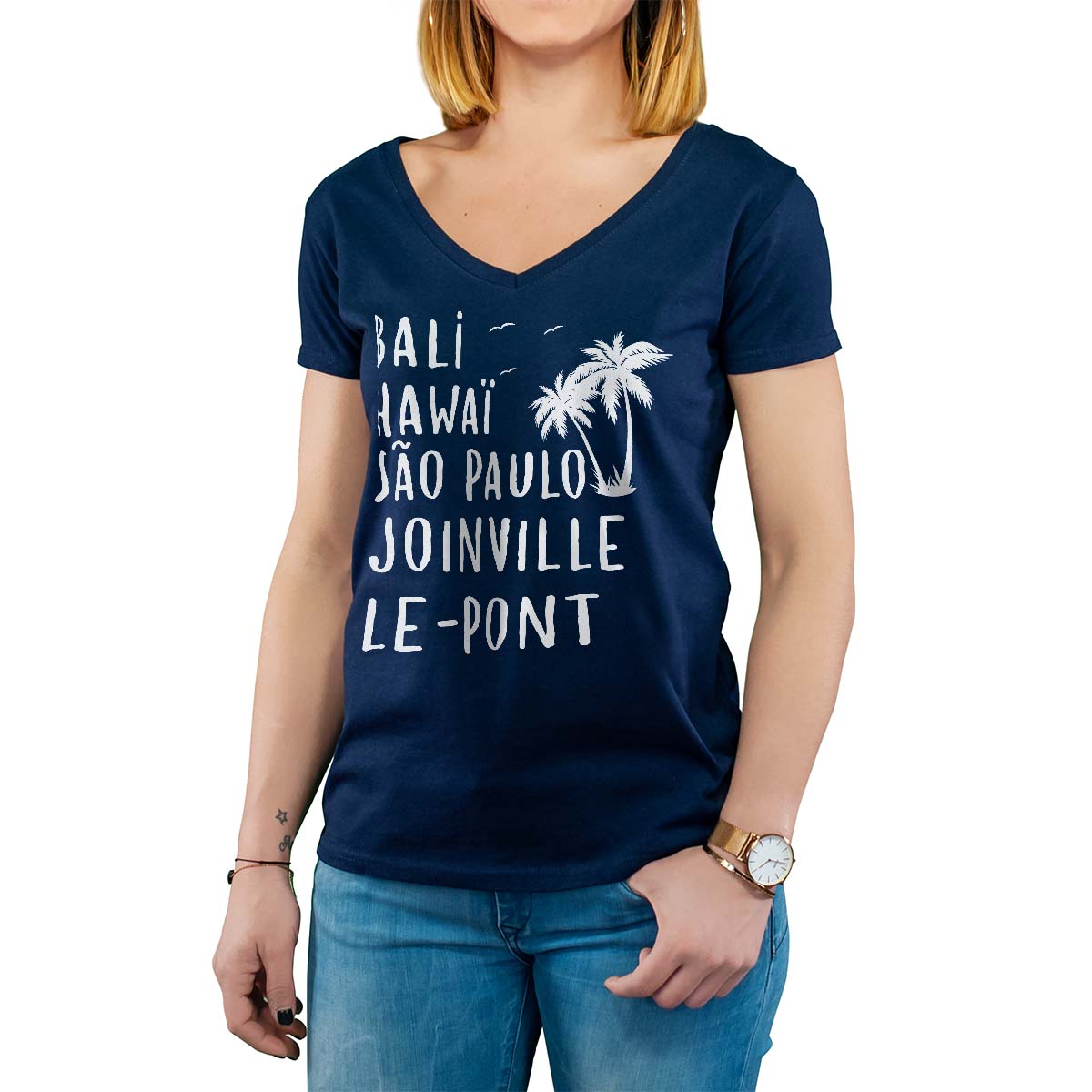 T-Shirt marine pour femme avec le message personnalisé blanc bali hawaï sao-paulo joinville-le-pont