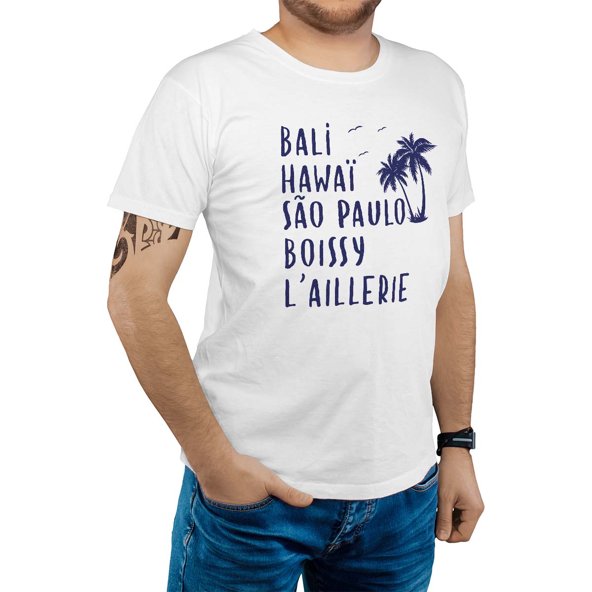 T-Shirt blanc pour homme avec le message personnalisé marine bali hawaï sao-paulo boissy-l'aillerie