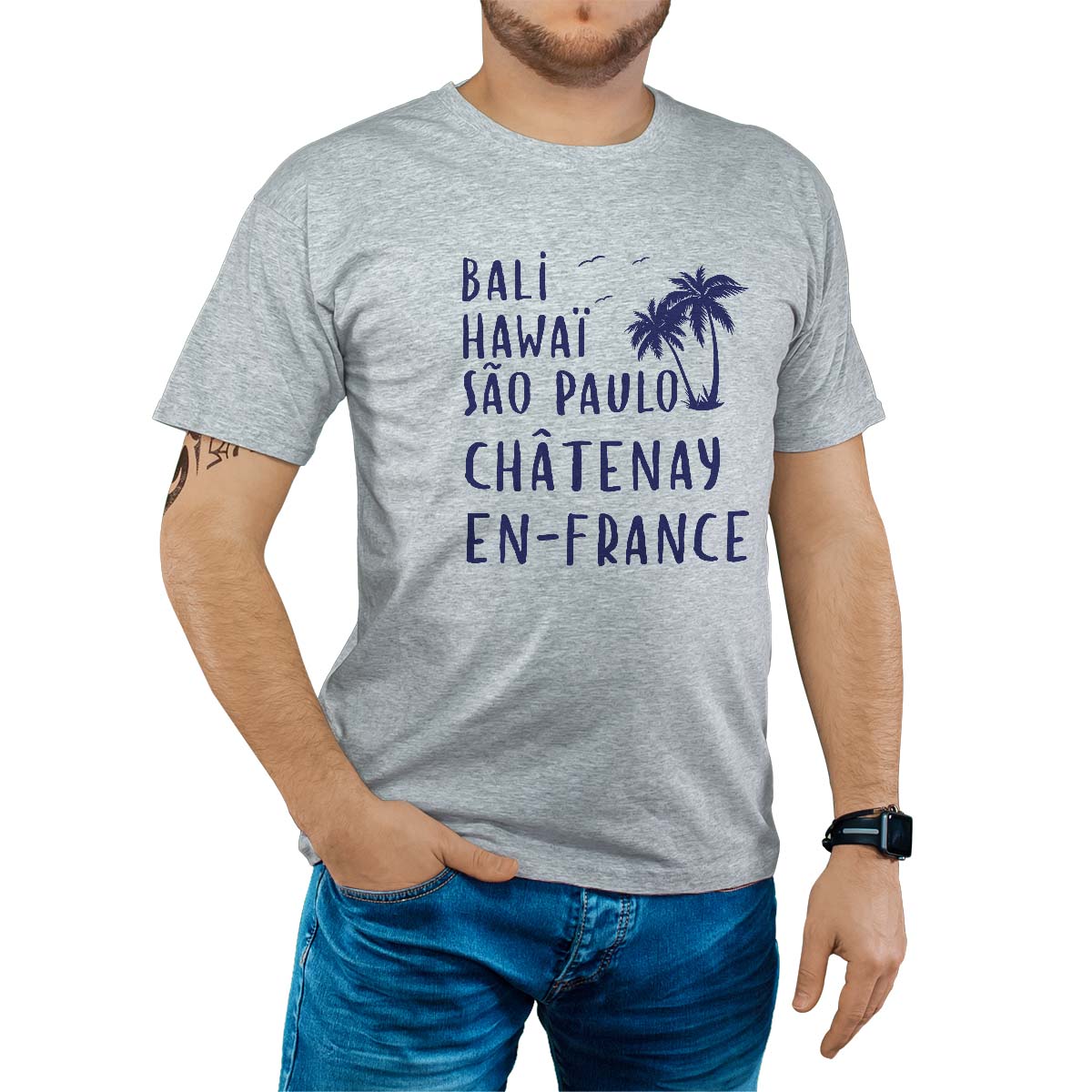 T-Shirt gris pour homme avec le message personnalisé marine bali hawaï sao-paulo châtenay-en-france