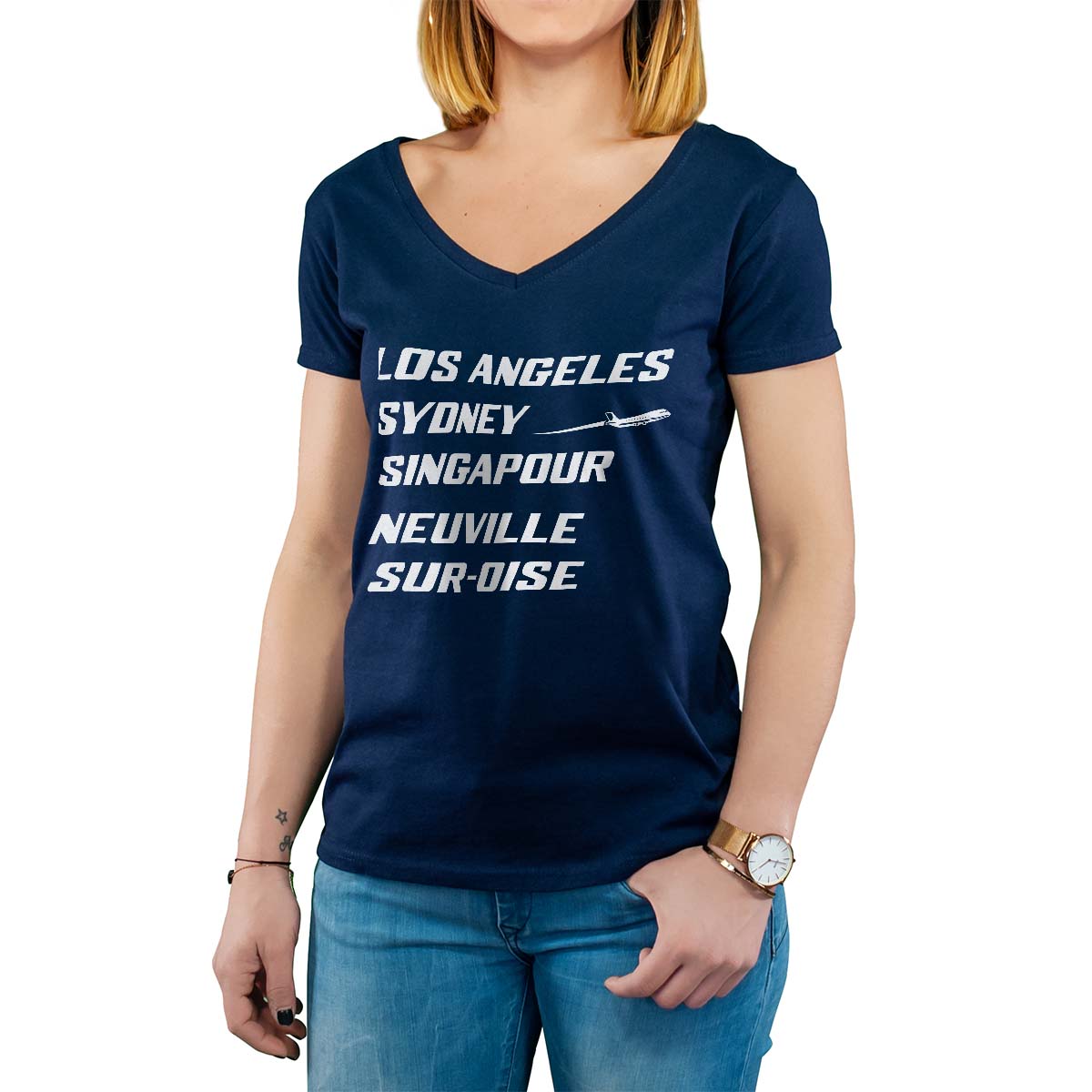 T-Shirt marine pour femme avec le message personnalisé blanc los angeles sydney singapour neuville-sur-oise