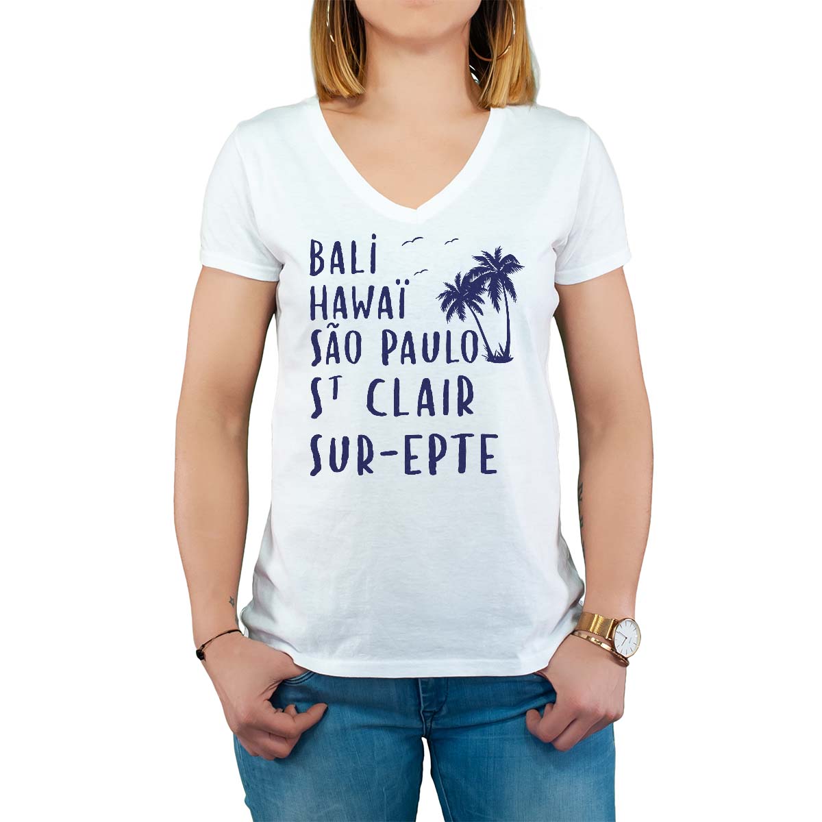 T-Shirt blanc pour femme avec le message personnalisé marine bali hawaï sao-paulo saint-clair-sur-epte