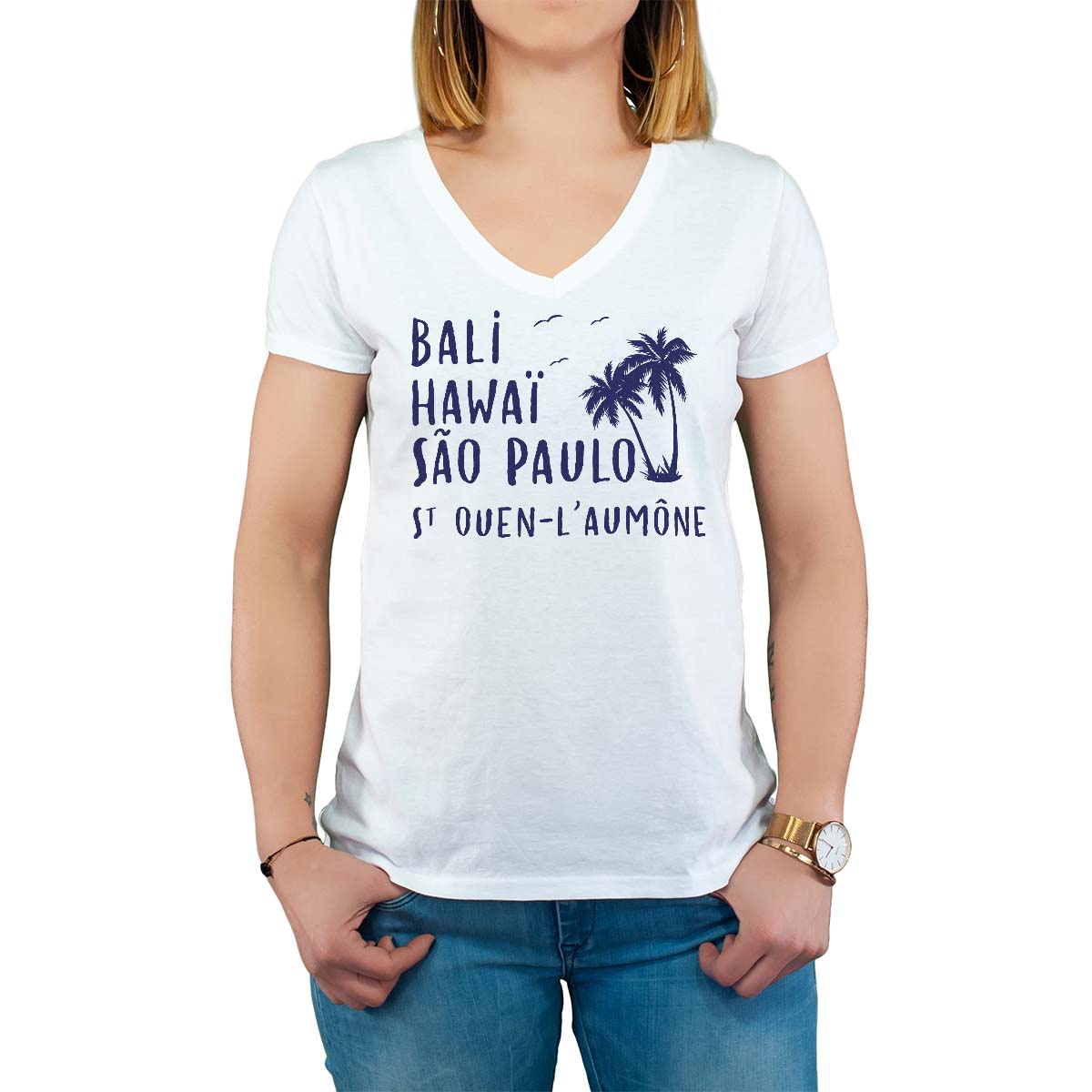 T-Shirt blanc pour femme avec le message personnalisé marine bali hawaï sao-paulo saint-ouen-l'aumône